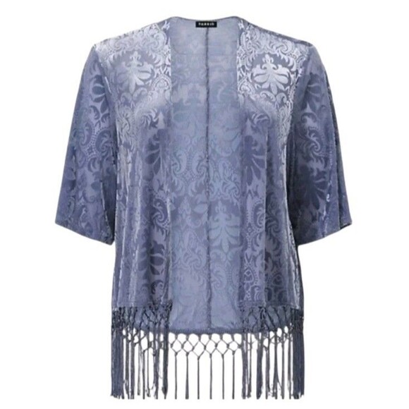 Torrid Sz 1/2 XL Blueish Gray Burnout Fringed Kimono Whimsigoth Witch Fairy SPOT - Picture 5 of 14